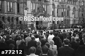 A three minute silence outside Manchester Town Hall on 14 September 2001. Following the attacks in the United States. Councillors and town hall staff stand in the doorway.